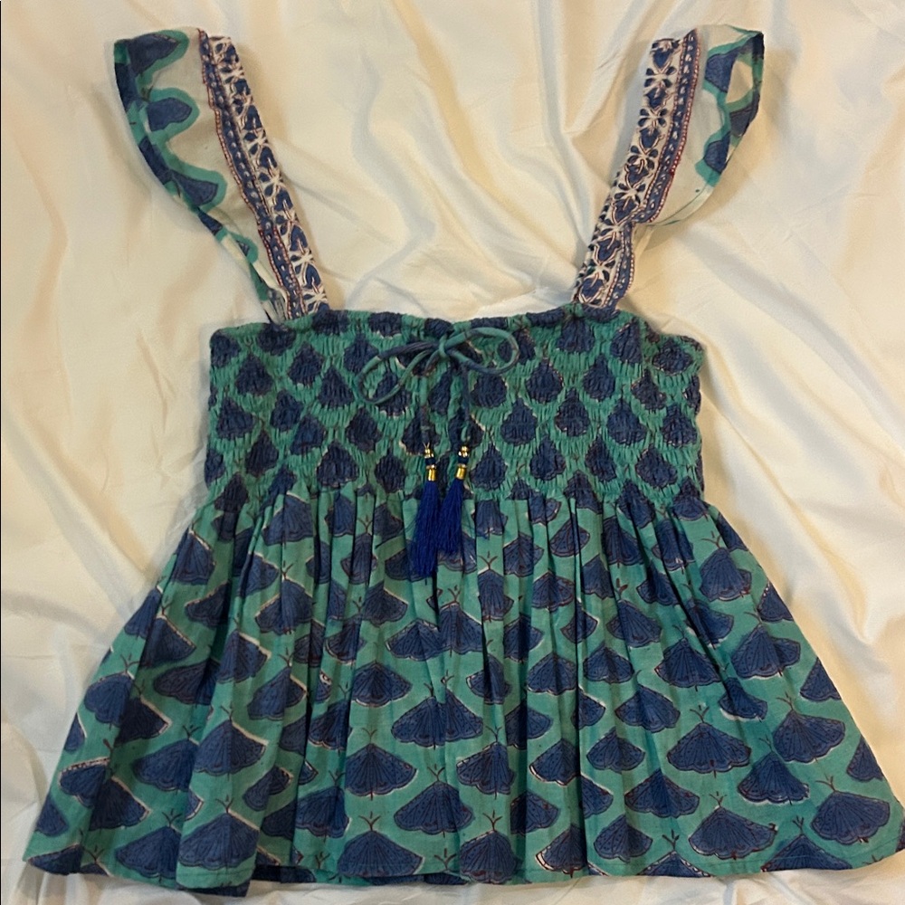 Skylar Scott Smocked Blue-Green Floral Print Tank Top